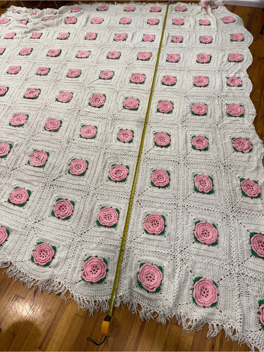 Handmade Cream Crochet Throw Blanket Pink Rose Appliqués King about 117x110”